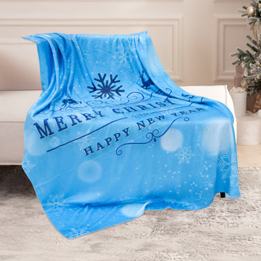 Blue Merry Christmas 50'' x 60'' Soft Plush Christmas Blanket with White Backing