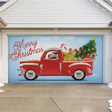 Red Truck Christmas Tree Garage Door Banner