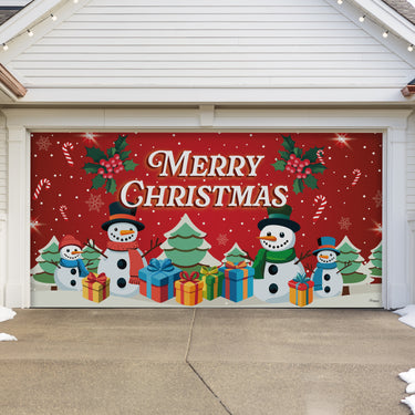 Red Snowman and Trees Garage Door Banner